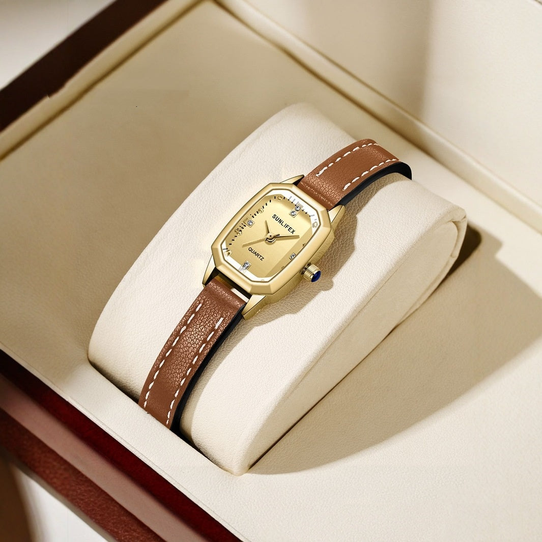 Montre Carrée Cadran Soleil Bracelet Cuir Rétro