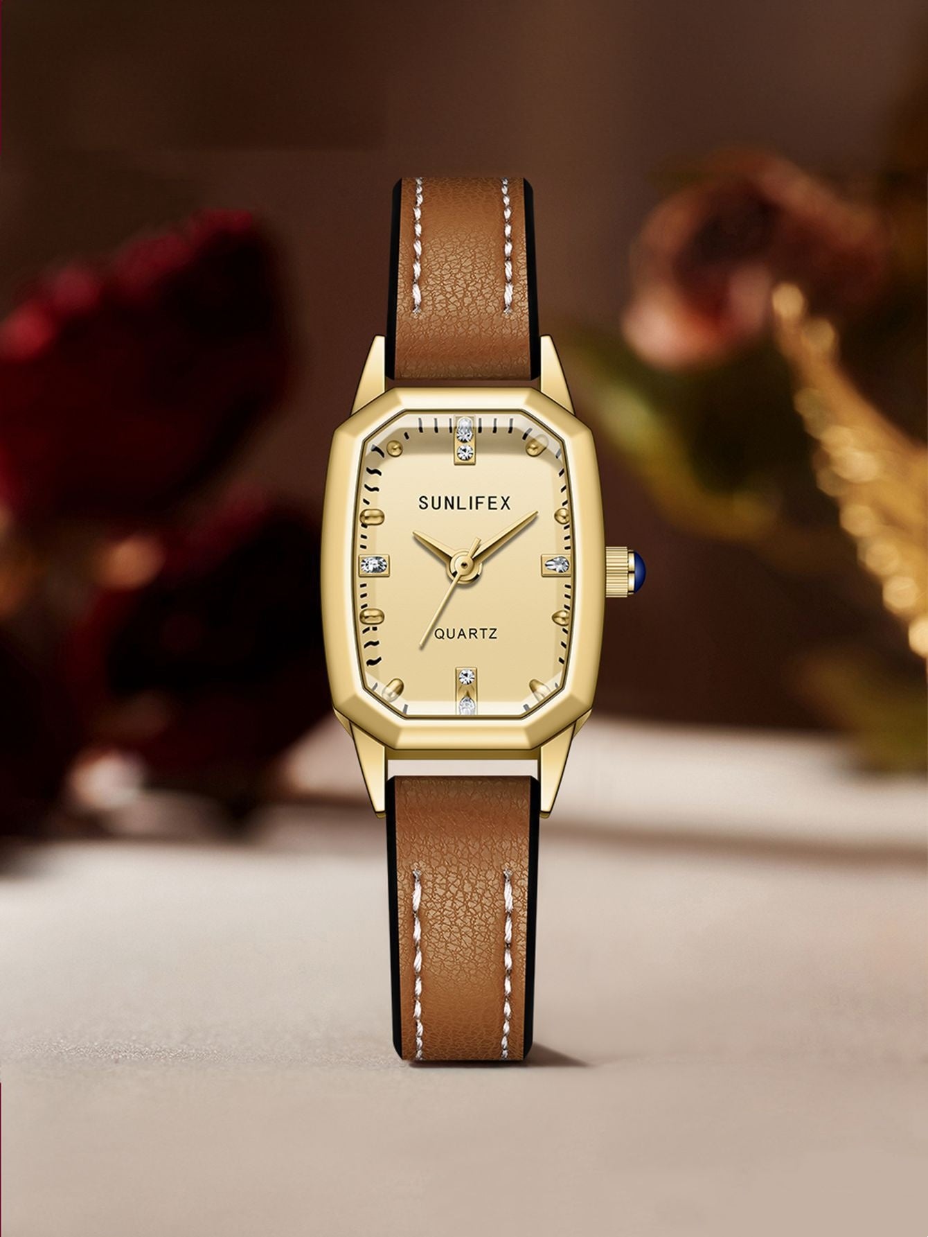 Montre Carrée Cadran Soleil Bracelet Cuir Rétro