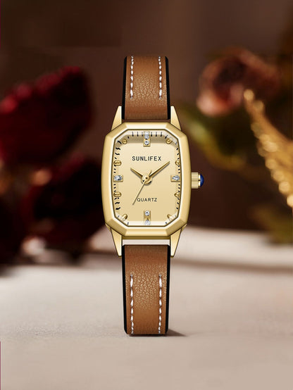 Montre Carrée Cadran Soleil Bracelet Cuir Rétro