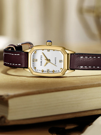 Montre Carrée Cadran Soleil Bracelet Cuir Rétro