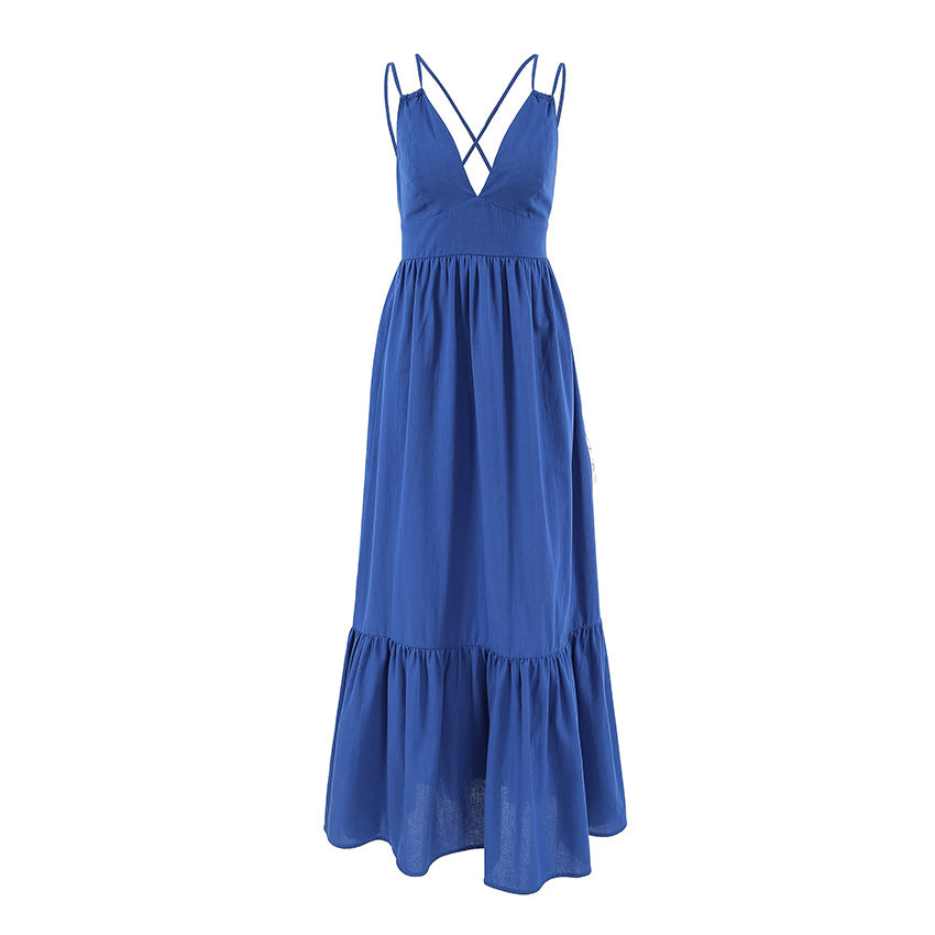Robe Longue Bleue à Col Plongeant