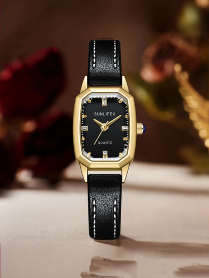 Montre Carrée Cadran Soleil Bracelet Cuir Rétro